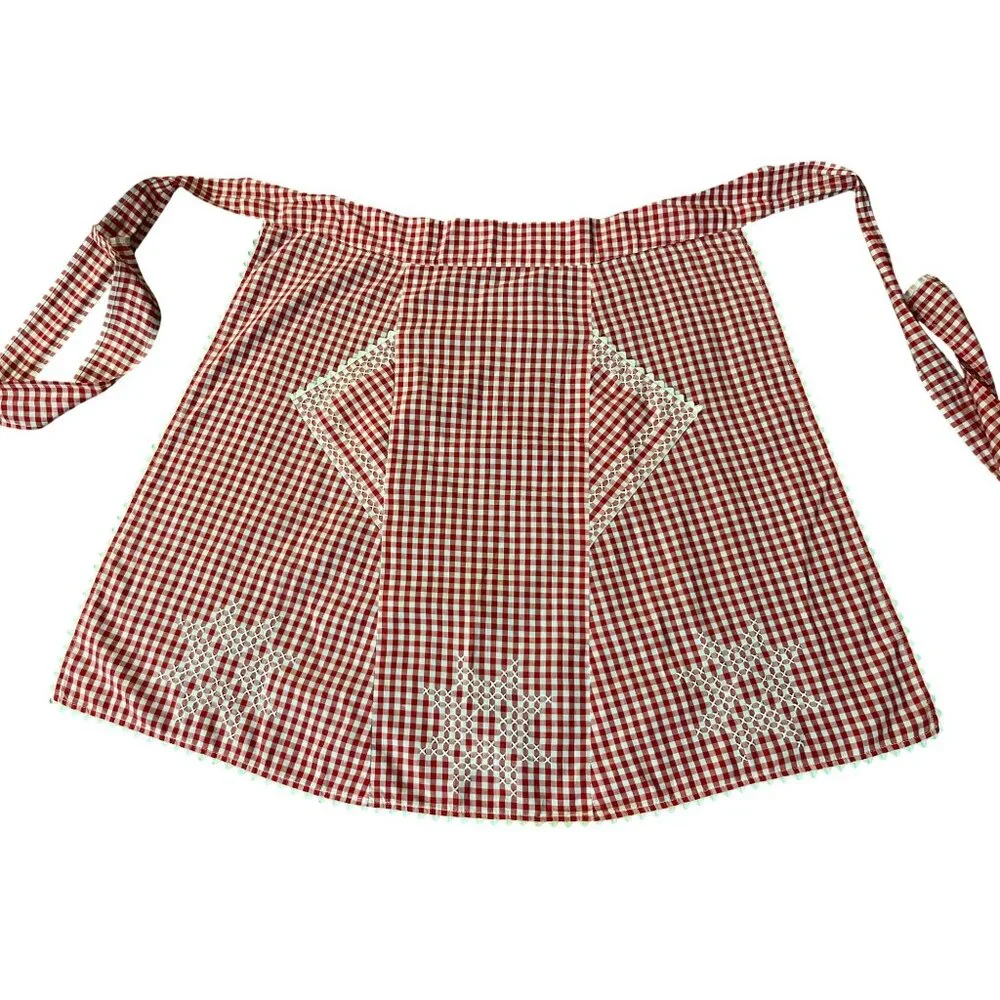 Vintage Red Gingham Half Apron Embroidered Pockets Farmhouse OSFM